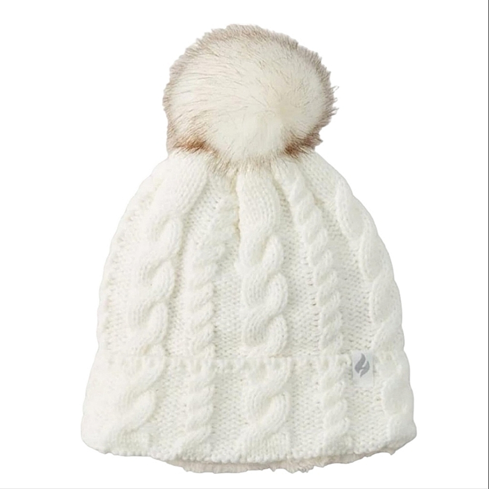 HEAT HOLDERS Cream Cable Knit Faux Fur Pom Pom Beanie Soft & Warm Outdoor Hat
